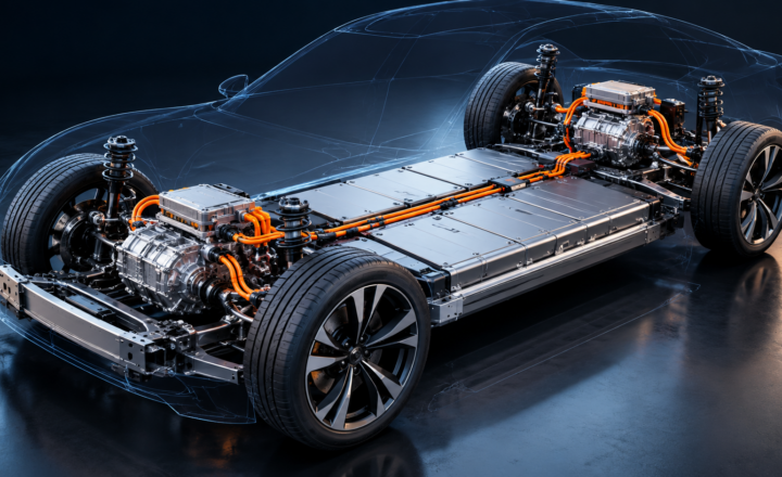 Opengewerkte elektrische auto met batterijpakket en elektrische aandrijving