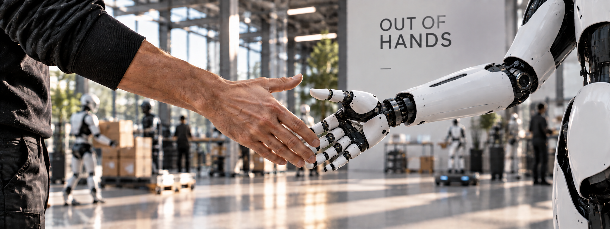 AI-illustratie van een mens en humanoid robot die elkaar de hand reiken in een moderne werkomgeving