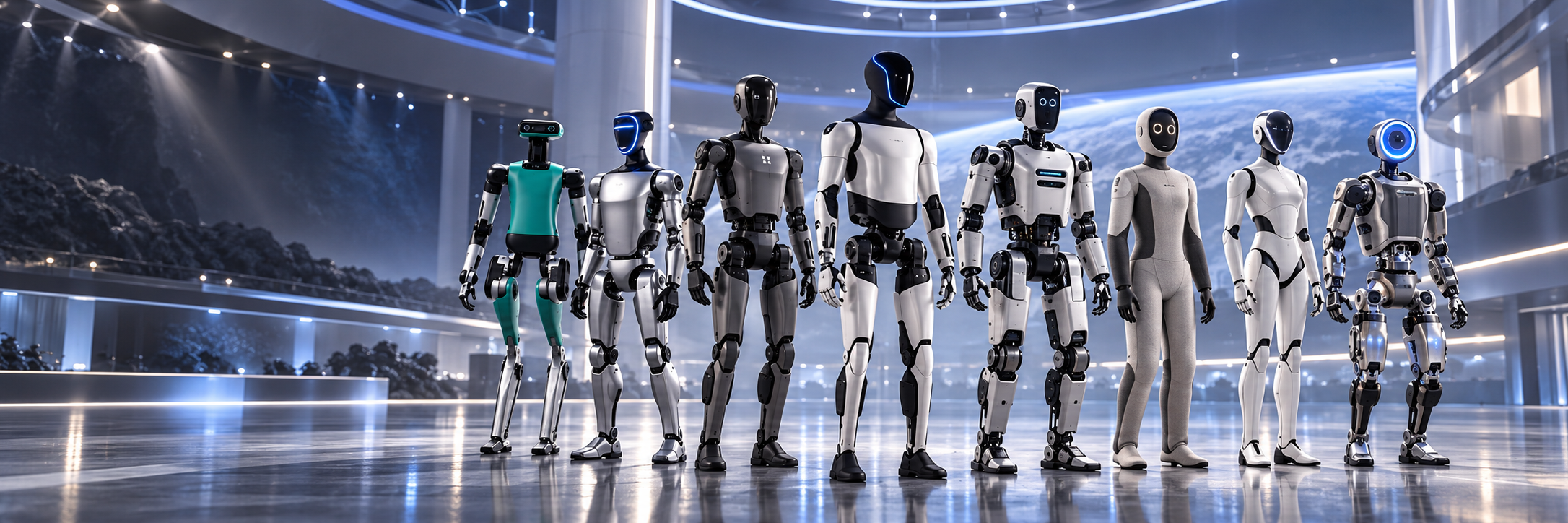 AI-gegenereerde groepsvisual van meerdere humanoidrobots in een futuristische showroom