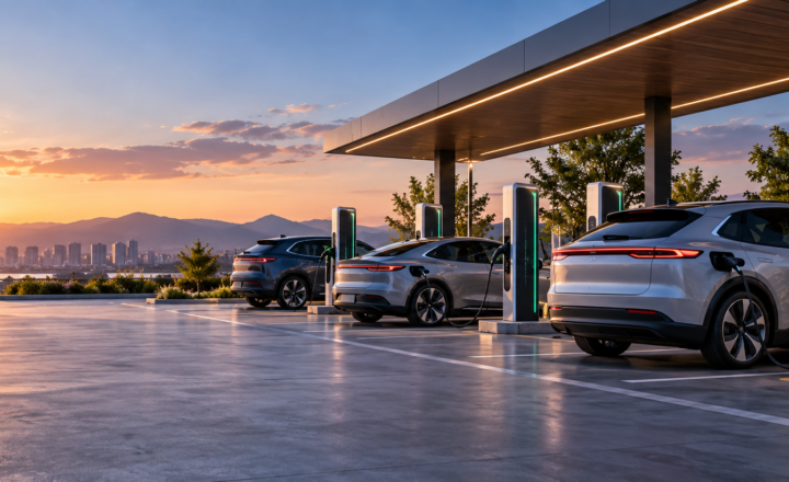 Merkloze elektrische auto's die laden bij moderne laadpalen