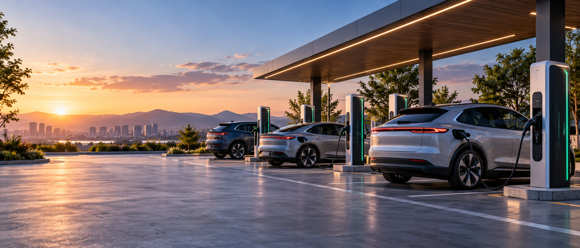Merkloze elektrische auto's die laden bij moderne laadpalen