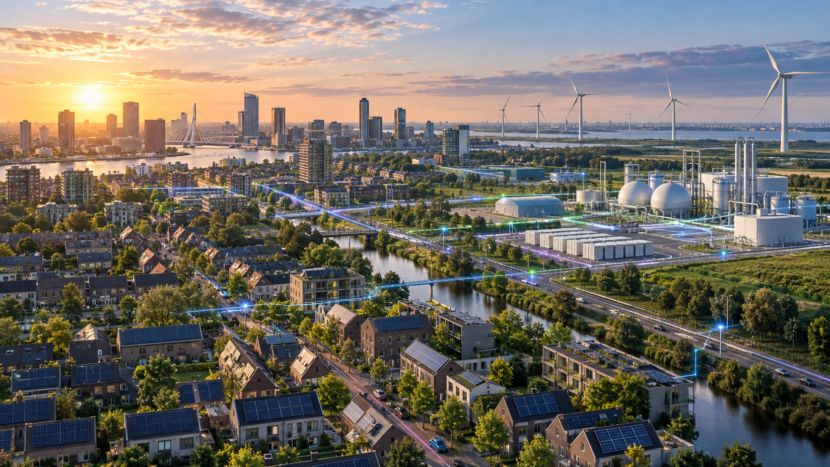 Nederlandse stad met zonnepanelen, windmolens, batterijopslag en waterstofproductie
