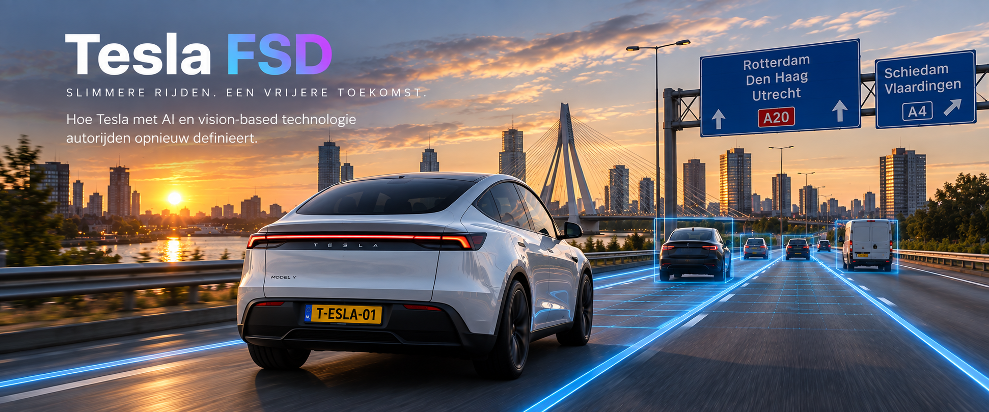 AI-illustratie van Tesla FSD met Model Y op snelweg bij Rotterdam