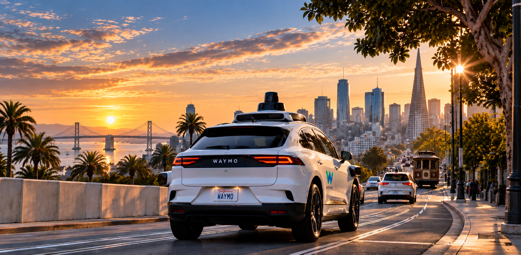 AI-illustratie van een Waymo robotaxi in San Francisco bij zonsondergang