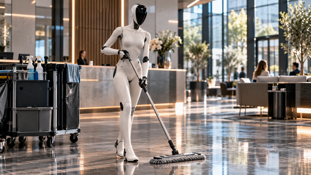AI-gegenereerde illustratie van een XPENG IRON humanoïde robot die schoonmaakwerk uitvoert in een moderne lobby