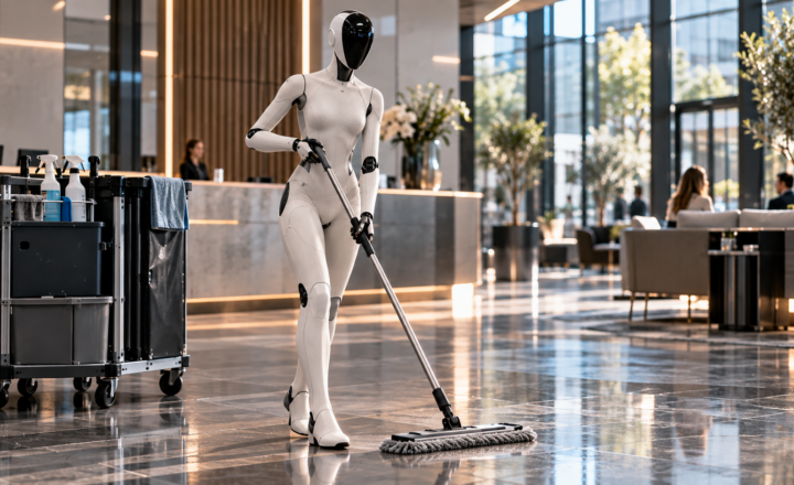 AI-gegenereerde illustratie van een XPENG IRON humanoïde robot die schoonmaakwerk uitvoert in een moderne lobby