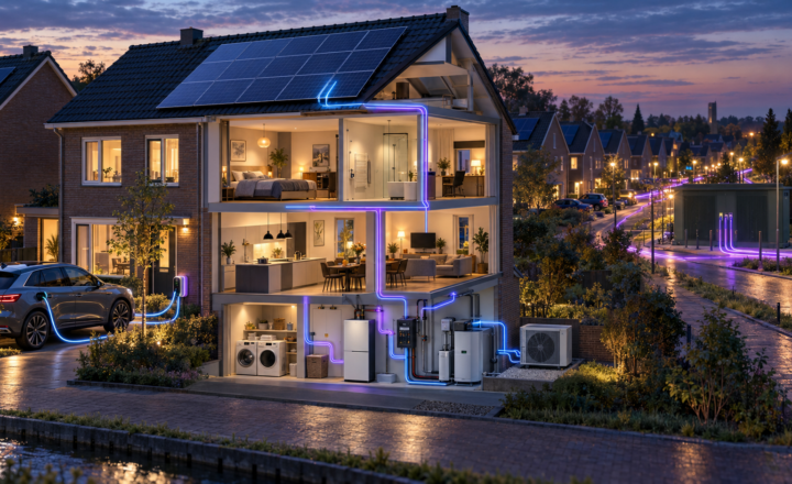 Doorsnede van een Nederlandse woning met zonnepanelen, thuisbatterij, warmtepomp, wasmachine, droger, elektrische auto en verbinding met het overbelaste wijknet
