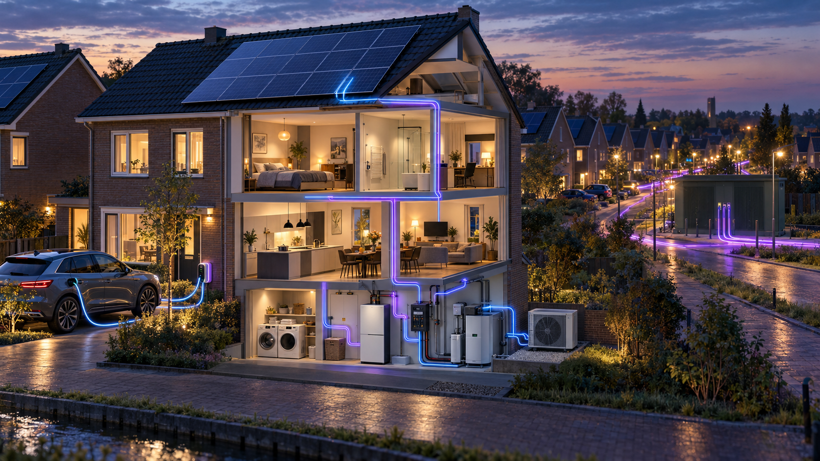 Doorsnede van een Nederlandse woning met zonnepanelen, thuisbatterij, warmtepomp, wasmachine, droger, elektrische auto en verbinding met het overbelaste wijknet