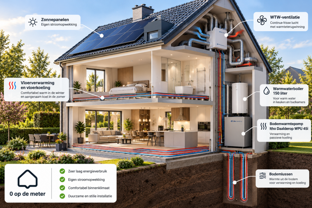 Illustratieve doorsnede van een energieneutrale voorbeeldwoning met zonnepanelen, WTW, bodemwarmtepomp, warmwaterboiler en vloerverwarming