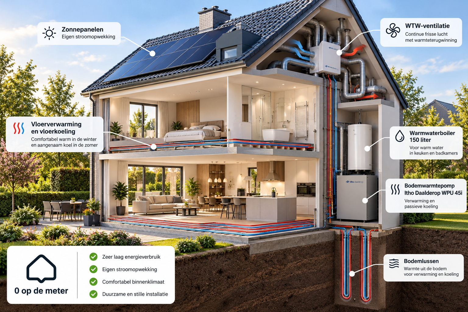 Illustratieve doorsnede van een energieneutrale voorbeeldwoning met zonnepanelen, WTW, bodemwarmtepomp, warmwaterboiler en vloerverwarming