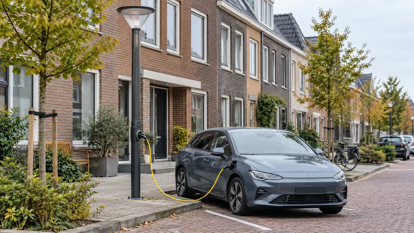 Laadlantaarn met geïntegreerd laadpunt in een Nederlandse woonstraat