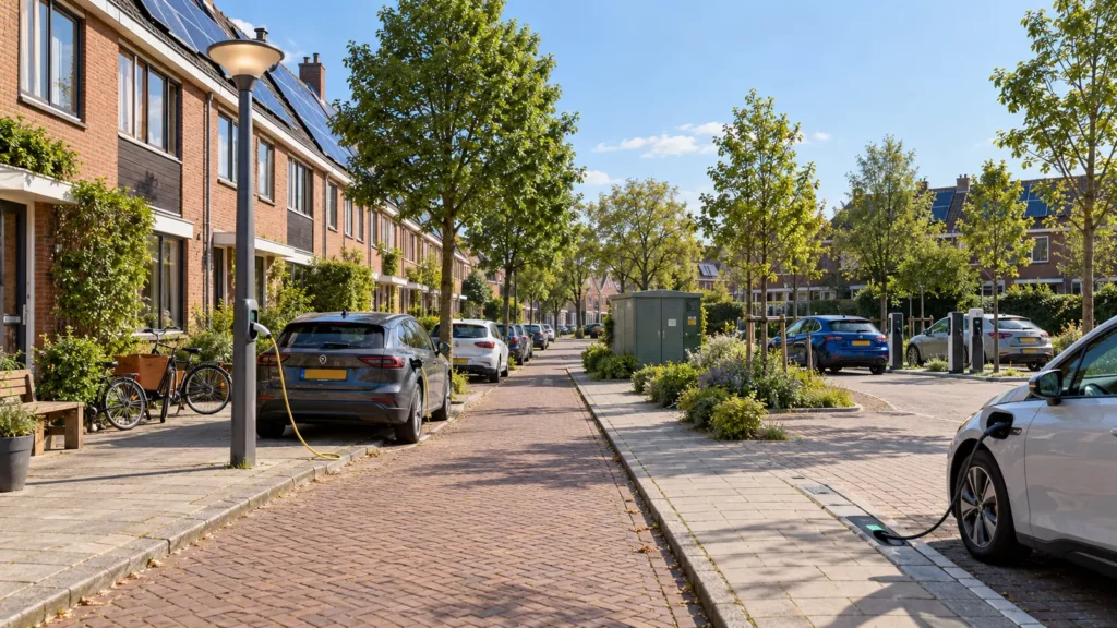 Nederlandse woonstraat met verschillende geïntegreerde laadoplossingen