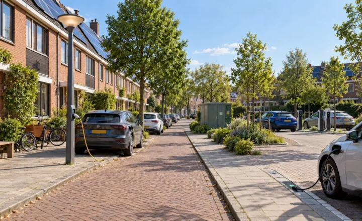 Nederlandse woonstraat met verschillende geïntegreerde laadoplossingen