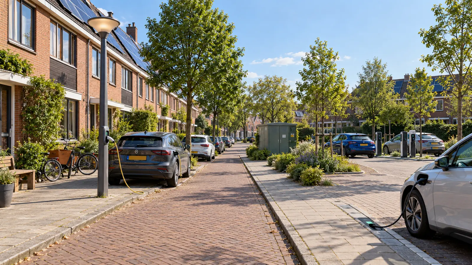 Nederlandse woonstraat met verschillende geïntegreerde laadoplossingen
