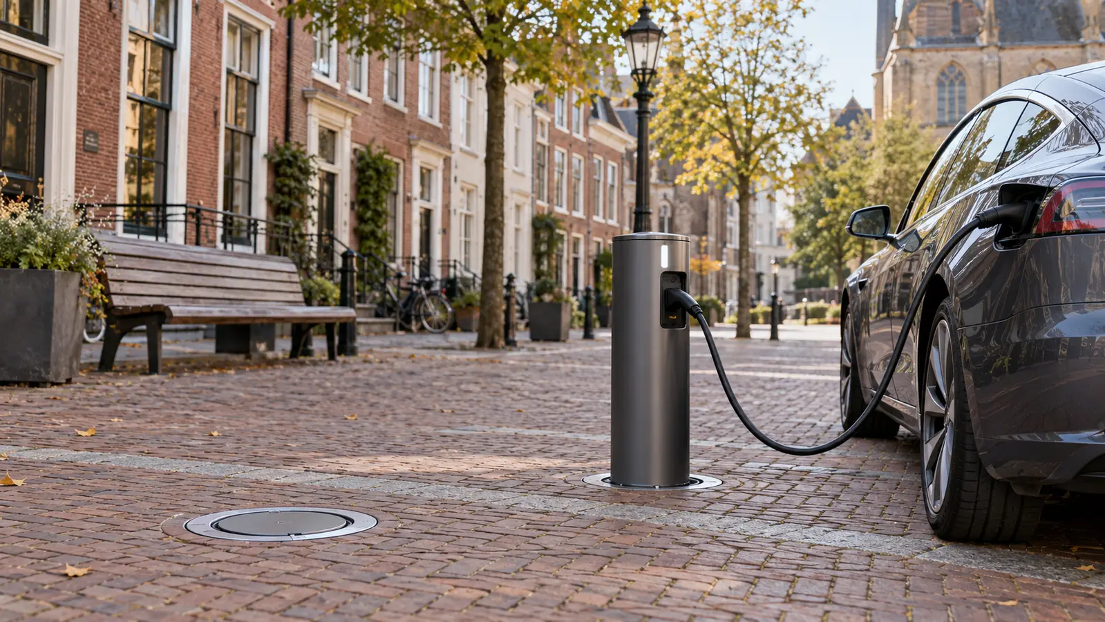 Verzinkbaar laadpunt in een historische Nederlandse straat
